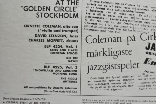 The Ornette Coleman Trio [오넷 콜맨] - At The &quot;Golden Circle &quot; Stockholm - Volume Two - 중고 수입 오리지널 아날로그 LP
