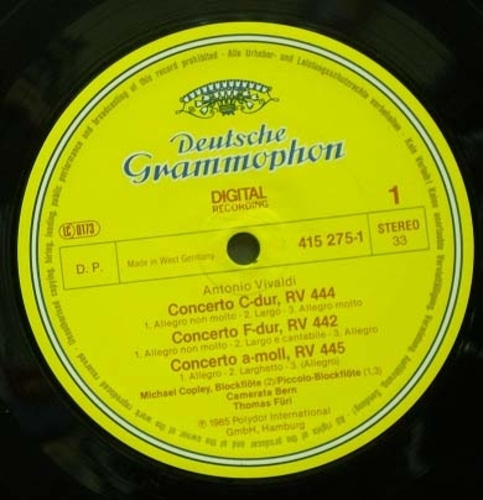 Vivaldi-Recorder Concertos-Copley/Camerata Bern/Furi 중고 수입 오리지널 아날로그 LP