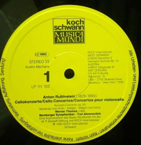 A. Rubinstein- Cello Concertos- Werner Thomas 중고 수입 오리지널 아날로그 LP