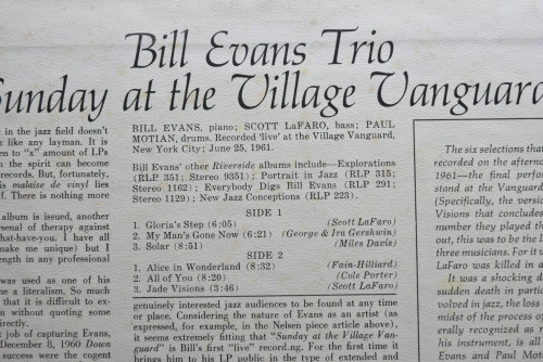 Bill Evans Trio Featuring Scott La Faro [빌 에반스, 스콧 라파로] ‎- Sunday At The Village Vanguard - 중고 수입 오리지널 아날로그 LP